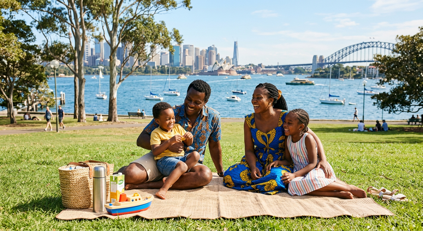 A Nigerian family relaxing at a sunny Australian harbourside park