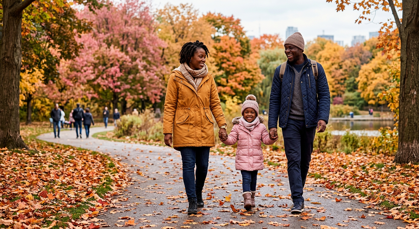 A Nigerian family walking in a Canadian park in autumn