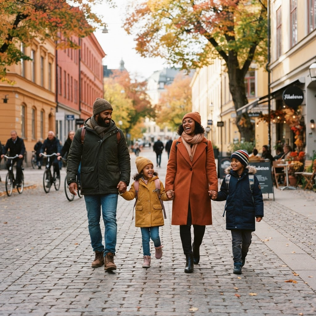 A family exploring a Swedish city together