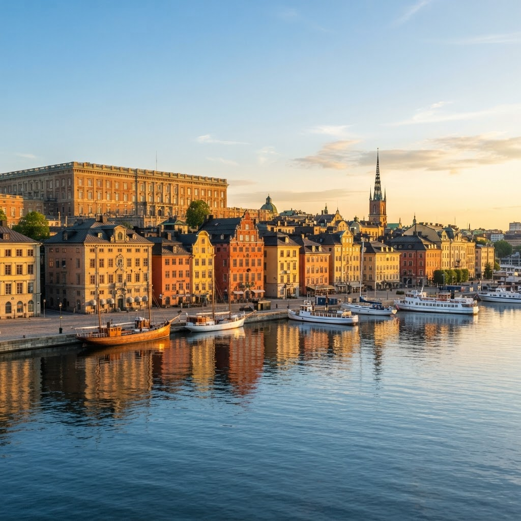 Colorful waterfront of Gamla Stan, Stockholm, Sweden at golden hour