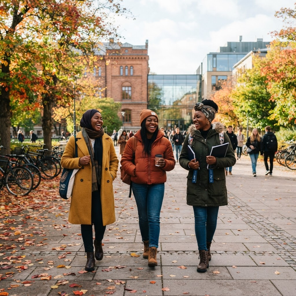 Nigerian students on a Swedish university campus in autumn