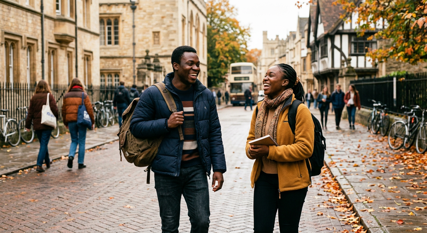Nigerian postgraduate students on a street in a British university city