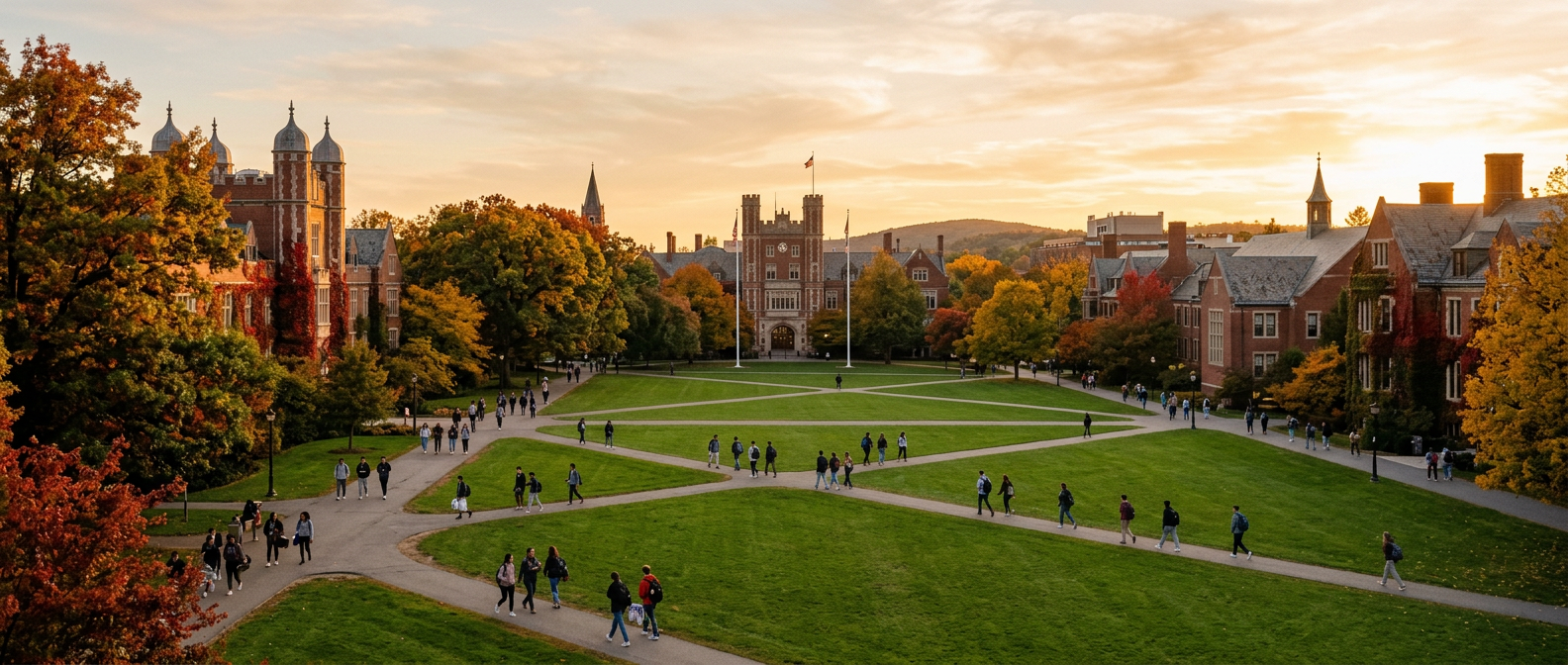 An American university campus with red brick buildings in autumn