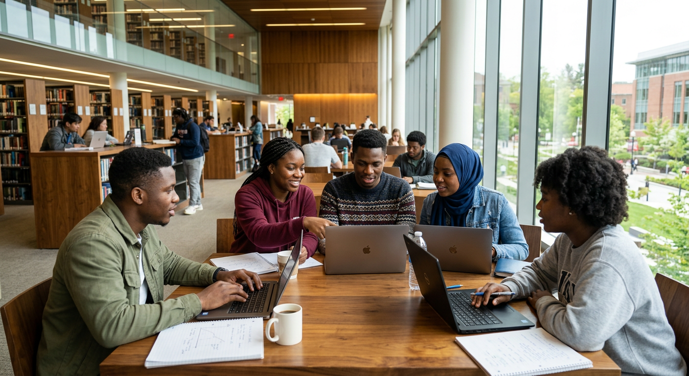Nigerian graduate students working together in an American university library